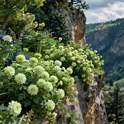 a gorgeous garden on the edge of a cliff filled with beautiful flowers in different shades of pale green, van gogh