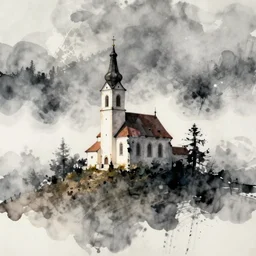 a painting of a church on a hill, a watercolor painting by jan sawka, deviantart, modern european ink painting, watercolor, mist, made of mist