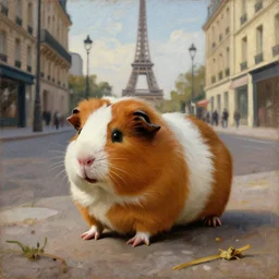 a guinea pig on a street in paris, 5 th century oil painting