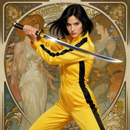 uma thurman in kill bill, majestic sword warrior, rococo and art nouveau fusion, swinging reflective katana, yellow jumpsuit with black stripe, highly detailed, deep focus, elegant, digital painting, smooth, sharp focus, illustration, ultra realistic, japanese art by artgerm and alphonse mucha