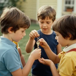 little kids searching for the key. photo from the 7 0 s. hd, 8 k