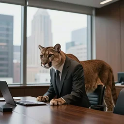 a cougar ( animal ), wearing a suit, in a boardroom, window with views of skyscrapers in the background, hyper realistic, natural light, atmospheric and cinematic lighting