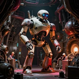 film still from star wars, giant robot working in a dimly lit industrial junk engine room. interior set design, vibrant, high contrast by ralph mcquarrie, gilbert taylor