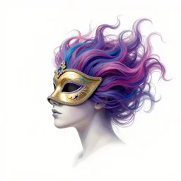 woman in Venetian mask, profile, center of the universe, psychedelic, character concept, floating hair, gauzy dress, full body shot, many colors, colorful, all colors, highly saturated colors,, fantasy character, detailed illustration, hd, 4k, digital art, overdetailed art, concept art, Dan Mumford, Peter Mohrbacher, Alfons Mucha, Greg Rutkowski, trending on artstation