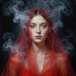 portrait of a beautiful woman from heaven covered with smoke and transparent red fabric, a painting by h. r giger, zdzisław beksinski, greg rutkowski. hyper detailed portrait.