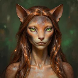 detailed female portrait, regal alien, feline, realistic face sculpted features, specular eyes, statuesque model, natural skin, silky hair, warm glow, subsurface scattering, wet reflections, chiaroscuro, shimmering shafts, biomorphic, organic impressionism, dappled backdrop, burnt sienna and emerald color, painterly octane render