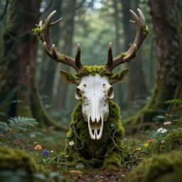 cute forest spirit standing in the woods, moss covered deer skull, branch antlers, vines and flowers, high detail, cinematic lighting,