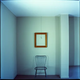 kodak portra 4 0 0, wetplate, muted colours, blueberry, 1 9 2 0 s style, long shot, macro photo of a room with concrete walls and a square picture frame, 1 9 6 0 s metal chair, tiny gaussian blur, depth of field
