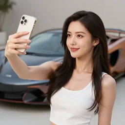 a woman taking a selfie in front of a sports car!, looks like mona lisa, sharp focus, hyper realistic, centered, insanely detailed, a painting by leonardo da vinci