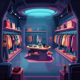 inside a clothing store, on a spaceship, cyberpunk style, from a point and click 2 d graphic adventure game, art inspired by [ [ thomas kinkade ] ] and [ mark keathley ]