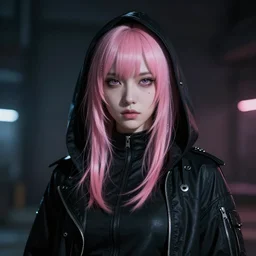 stunning anima cyberpunk girl + pink hair + black hoddy, mysterious, atmospheric, cinematic, Epic, 8k, 4k, ultra detail, ultra realistic, rendered by awesomeness