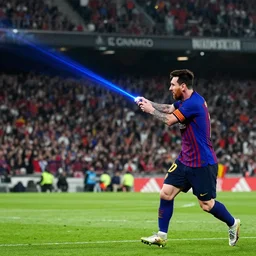 a picture of messi in a soccer stadium, shooting a laser beam out of his hands