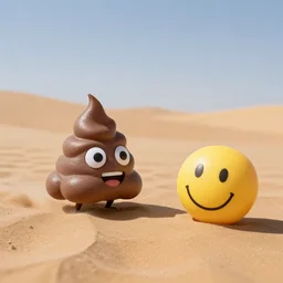 poop emoji chasing smiley face emoji in the desert, photo