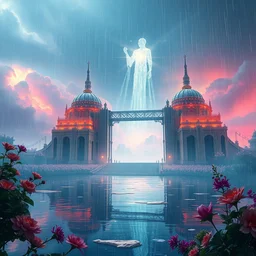 ta ha, volumetric lighting, highly detailed, by greg rutkowski, complementing colors, god looking at me, heavy rainy, lofty heavens, water reflection, flowers, hyper realistic, concept art, 8 k detail post - processing, cyberpunk style, arcane style