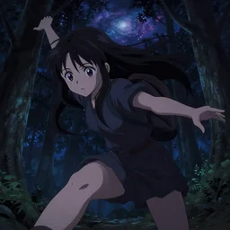 cel shaded, anime key visual, young woman traveling in a forest at night, night sky, nebula, very dark, cute face by ilya kuvshinov, yoh yoshinari, dynamic pose, dynamic perspective, rounded eyes, ghost in the shell, kyoani, smooth facial features, dramatic lighting,