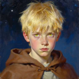 blonde boy with yellow eyes, wearing a brown cape, closeup, powerful, space background, oil painting, brush strokes, greg rutkowski