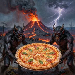 masked demons grabbing a large pizza!!!, in the background is a volcano spewing lava and black smoke, streams of glowing hot lava, flashes of lightning in the distance. wide angle, long shot, an ultrafine detailed painting by quentin blake, deviantart, pop surrealism