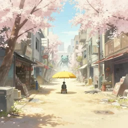 tatsuyuki tanaka artwork, soft bloom lighting, abandoned city, paper texture, movie scene, distant shot of sitting under a yellow parasol in deserted dusty shinjuku junk town, old pawn shop, bright ground, lurking robot monster