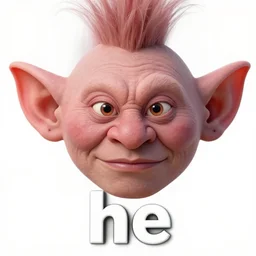 a very high quality meme featuring a hyper realistic troll face and text that reads 'he'