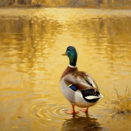 A highly detailed oil painting of a duck walking towards a lake filled with pure gold instead of water