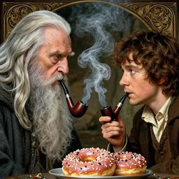 close up portrait of ian mckellen as gendalf and martin freeman as bilbo, hobbit movie, sit face to face, smoke pipes and send fog donuts, cinematic, poster, deep focus, d & d, fantasy, intricate, elegant, highly detailed, digital painting, artstation, concept art, matte, sharp focus, illustration, hearthstone, art by artgerm and greg rutkowski and alphonse mucha