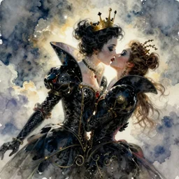 a beautiful watercolor of heaven's just a kiss away, black queen, in the style of delphin enjolras, intricate, ultrarealistic, cinematic, dynamic lighting, artstation.