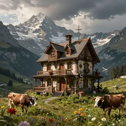 Steampunk house in switzerland, beautiful, mountains, flowers, cows