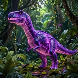 spectral purple neon dinosaur, green jungle background, detailed, ultrawide landscape, concept art