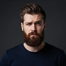 a bearded man, raised eyebrow, skeptical expression, condescending, centered, professional photography, studio lighting, dark background