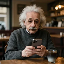 a high quality photo of albert einstein sitting in a coffee shop using an iphone. cozy scene, cinematic lights. epic.