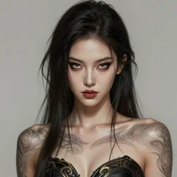 photorealistic portrait of a young butch kpop woman, handsome, female, masculine, upper body, fantasy, fierce, sharp features, intricate, elegant, highly detailed, digital painting, artstation, concept art, matte, sharp focus, illustration, art by artgerm and greg rutkowski and alphonse mucha