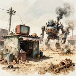 incredible screenshot, simple watercolor, soft bloom lighting, paper texture, movie scene, deserted shinjuku junk town, old pawn shop, bright sun bleached ground , robot monster lurks in the background, cyberpunk, animatronic, black smoke, pale  beige sky, junk tv, texture, strange, impossible, fur, spines,  mouth, pipe brain, shell, brown mud, dust, overhead wires, telephone pole, dusty, dry, pencil marks  hd, 4k, remaster, dynamic camera angle, deep 3 point perspective, fish eye, dynamic scene