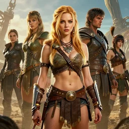 highly detailed portrait young skinny christina hendricks in mad max dressed as a barbarian fighter, stephen bliss, unreal engine, fantasy art by greg rutkowski, loish, rhads, ferdinand knab, makoto shinkai and lois van baarle, ilya kuvshinov, rossdraws, tom bagshaw, global illumination, radiant light, detailed and intricate environment