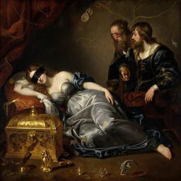 blindfolded hindu woman is sleeping on gold tresure in baroque style, painting by james jean, craig mullins, j. c. leyendecker, lights, art by ernst haeckel, john william godward, hammershøi
