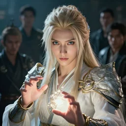 a fancy close up portrait of a beautiful light mage using magic by Greg Rutkowski, Sung Choi, Mitchell Mohrhauser, Maciej Kuciara, Johnson Ting, Maxim Verehin, Peter Konig, final fantasy , mythical, 8k photorealistic, cinematic lighting, HD, high details, atmospheric,