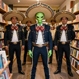 “a portrait of a space alien mariachi band in a book store, Sigma 24mm f/8”