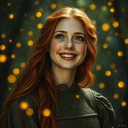 infp young woman, smiling amazed, golden fireflies lights, full covering intricate detailed dress, amidst nature, long red hair, accurate linework, green eyes, small nose with freckles, oval shape face, realistic, expressive emotions, dramatic lights, hyper realistic ultrafine art by artemisia gentileschi, caravaggio, jessica rossier, boris vallejo