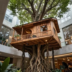 urban atriums hyperdetailed hyperrealistic tree house, roots growing from bottom to ceiling, wooden modern decoration