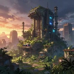 a beautiful ultradetailed anime illustration of meeting house city industrial architecture urbex abandoned nature by april gornik, sci - fi vice city bladerunner 2 0 4 9 tron sunset retro reclaimed by nature cyberpunk galactic nightvision otherworldly at dawn nature, archdaily, wallpaper, highly detailed, trending on artstation.