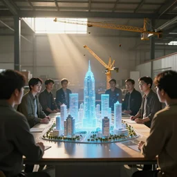 big group of people in simple warehouse, looking at hologram of futuristic city on a table, cinematic concept art, godrays, golden hour, natural sunlight, 4 k, clear details, tabletop model buildings, center model buildings, hologram center, crane shot, crane shot, crane shot
