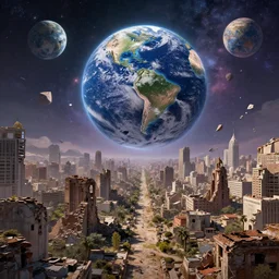 A ruined cityscape with a sky that\'s a cosmos of broken planet earths by Daniel Sampere. Hyperdetailed. 8K Resolution. Illustration. HD. 16k resolution Behance HD HDR volumetric lighting polished.