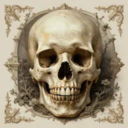 a beautiful detailed front view of a dead rotten skull with ornate growing around, ornamentation made of baroque architecture, elegant, beautifully soft lit, by wayne barlowe, peter mohrbacher, kelly mckernan