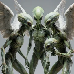 aliens brainsuckers fighting with angels, perfect face, fine details, studio lighting, subtle shadows, art by katsuya terada, photorealism, hyper realism, octane render, hyper detailed, canon eos r 3, f / 1. 4, iso 2 0 0, 1 / 1 6 0 s, medium shot, 8 k, raw, unedited, in - frame,