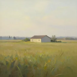 A serene landscape with a singular building in the style of painterly.