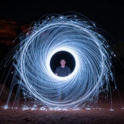 award winning photo of a light painting of a spiraling electromagnetic vortex using long exposure technique at night in sedona, arizona, hyper detailed, photorealistic, 3 d, rendered in octane, film, cinematic, dramatic lighting, 1 0 mm