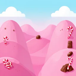 candy landscape, mobile game background, match 3, pink hills, candy canes, chocolate, vector art, very detailed, artstation