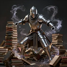 ultrarealistic, 3 d render, photographic portrait of a lifelike medieval armored knight transforming into a giant pile of dozens of books, in an expressive pose, surrounded by magic wisps, highly intricate, dramatic lighting, steel helmet, cosmic horror, extremely detailed, concept art, award - winning, masterpiece, art by alex grey