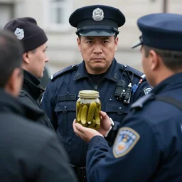 cinematic coherent simple photo of police interrogating a jar of pickles