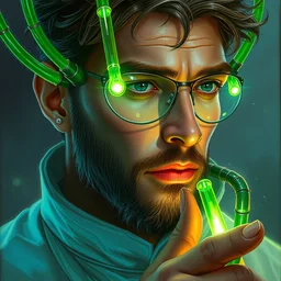 scientist, glowing green tubes sticking in his head, highly detailed, digital painting, artstation, concept art, smooth, sharp focus, illustration, art by artgerm and greg rutkowski and alphonse mucha