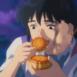 ' someone vey happy tasting a delicious mooncake for the first time ','by artgem, hugh kretschmer and edwin austin abbey, victo ngai, makoto shinkai ','style of macro lens, lilac, star war